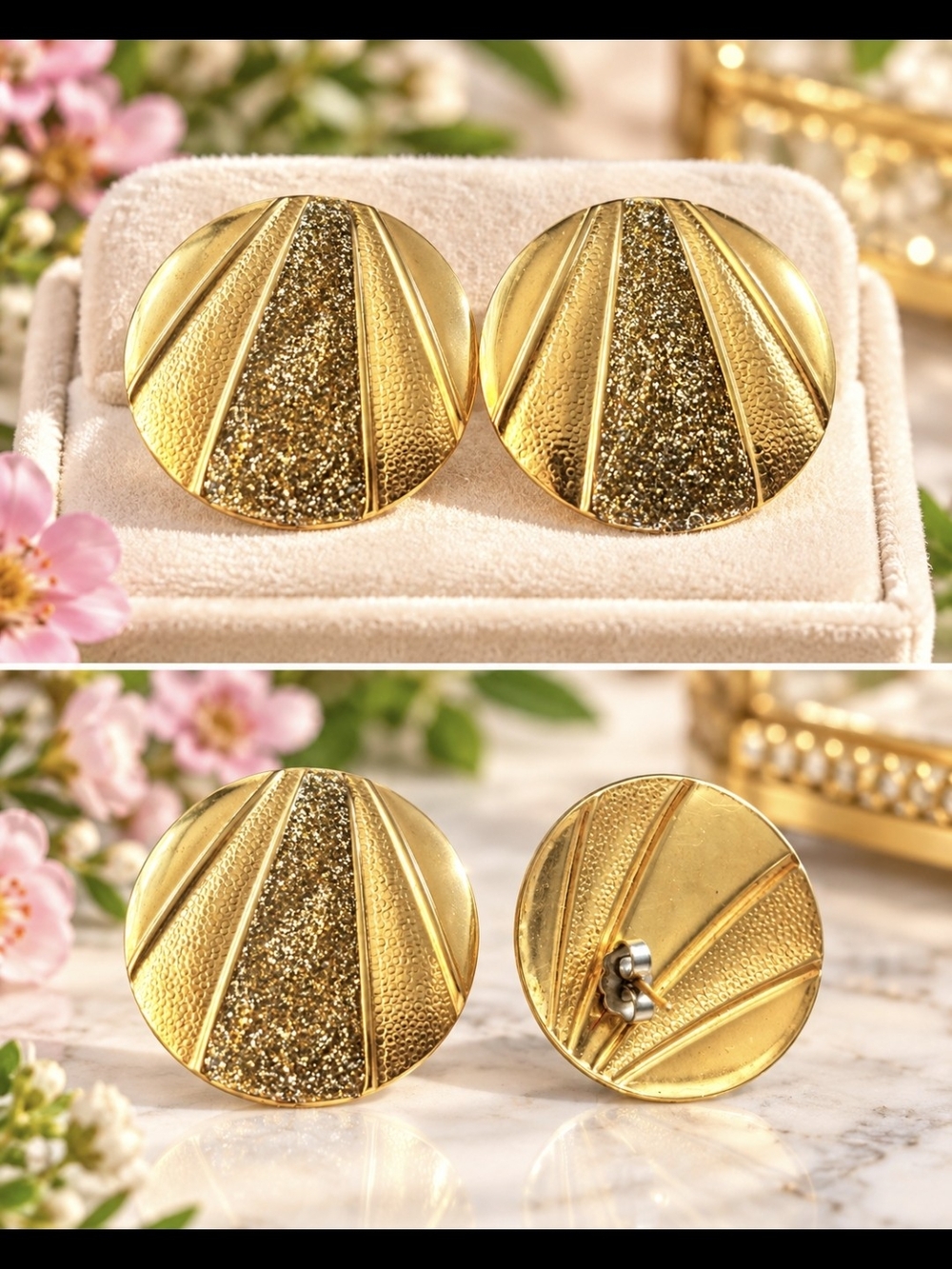 Gold Round Textured Glitter Statement Earrings - Women Jewelry